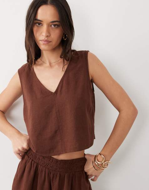Nobody's Child - Chokoladebrun ærmeløs top i hørblanding med V-hals - Del af sæt - view 1