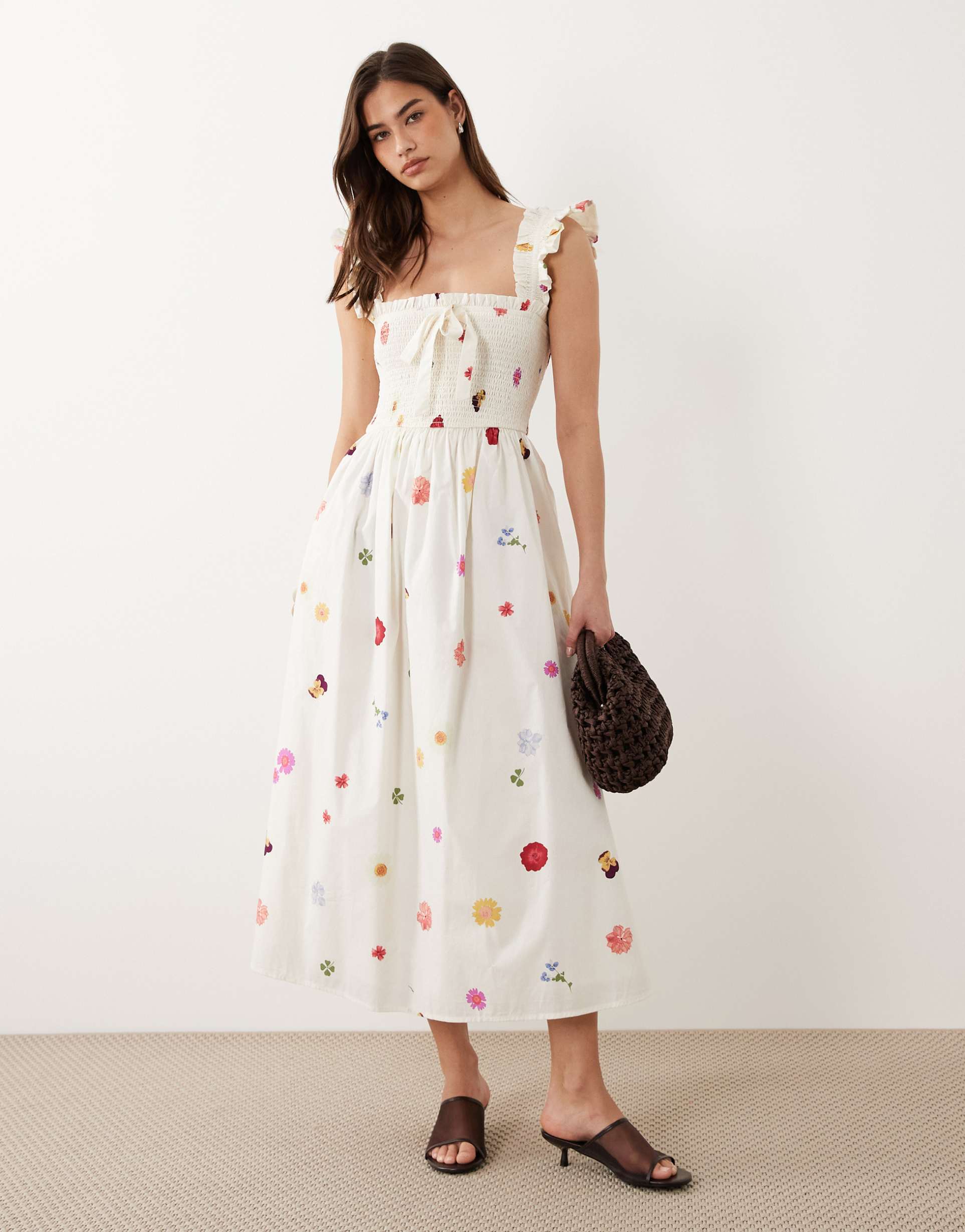 nobody's child christina cotton flutter sleeve shirred bodice midi dress in white floral