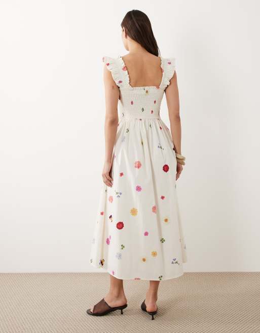 Nobody's Child Christina cotton flutter sleeve shirred bodice midi dress in  white floral | ASOS