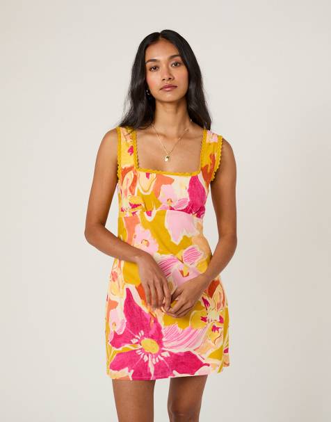 Nobody's Child – Ciara – Minikleid aus Leinenmix in Rosa mit Blumenmuster und eckigem Ausschnitt - view 1