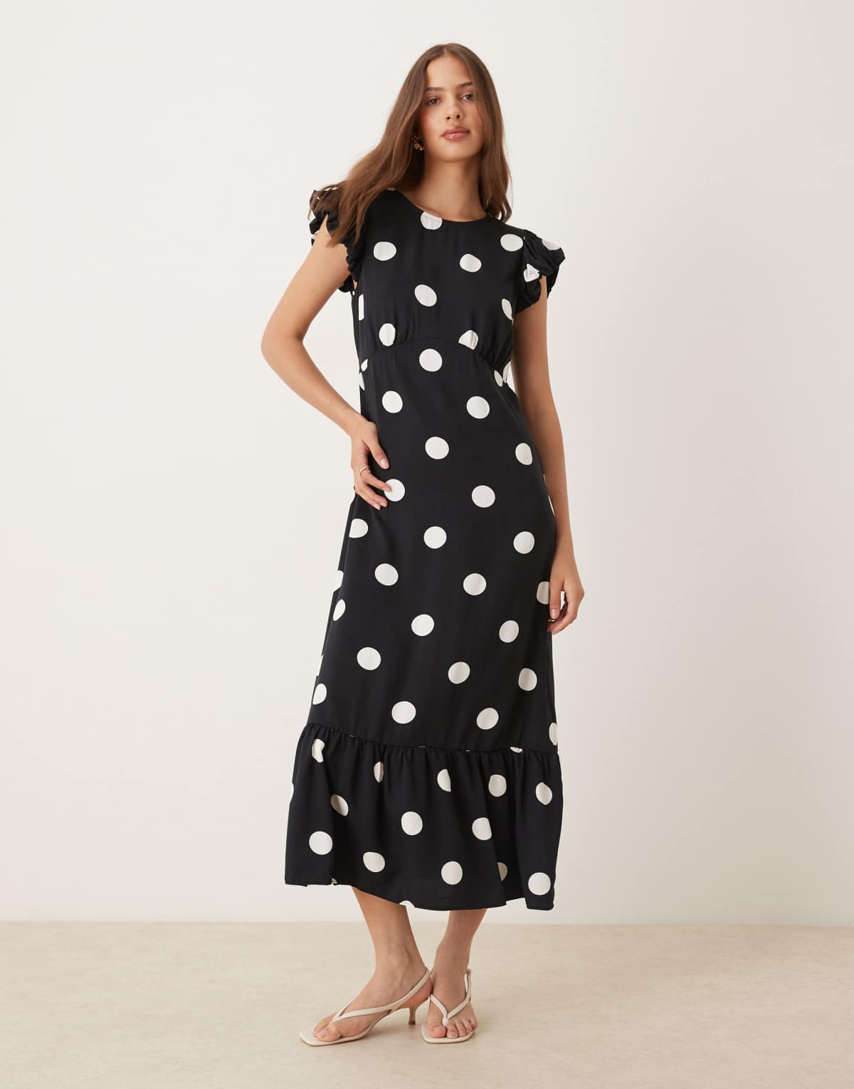 Nobody's Child Clara frill sleeve midi dress in black and white spot