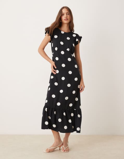Nobody's Child - Clara - Vestito midi nero e bianco a pois con manica con volant - view 1