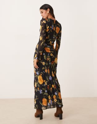 leaf midi dress Navy Leaf Print Waist Cut Out Frill Hem Midi Dress – AX Paris