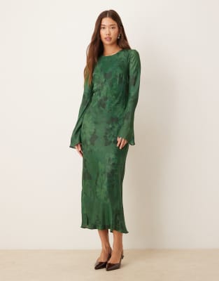 Nobody's Child Clarissa jacquard floral bell sleeve midi dress in dark green
