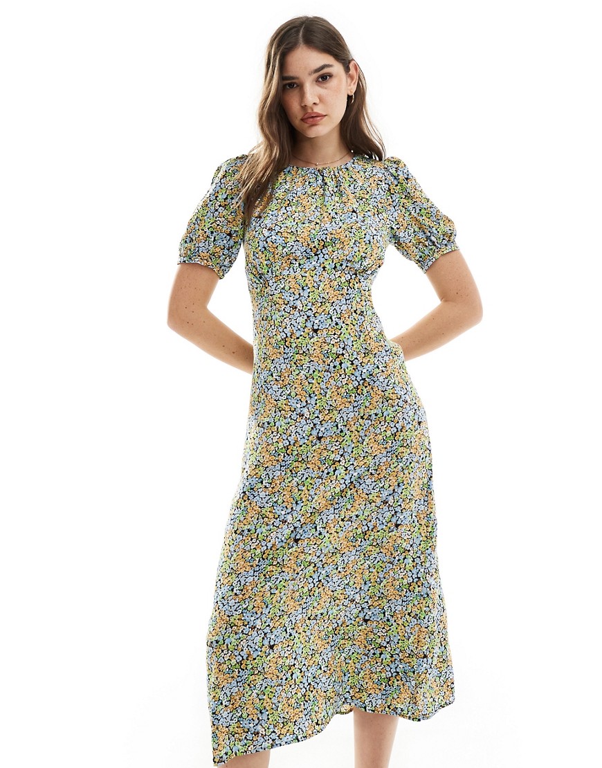 Clover puff sleeve midi dress in micro floral-Multi