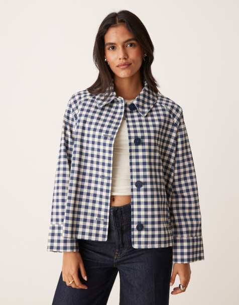 Nobody's Child collared swing jacket in blue gingham - view 1
