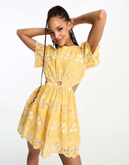 Nobody s Child Collective Paris embroidered cut out mini dress in ochre ASOS