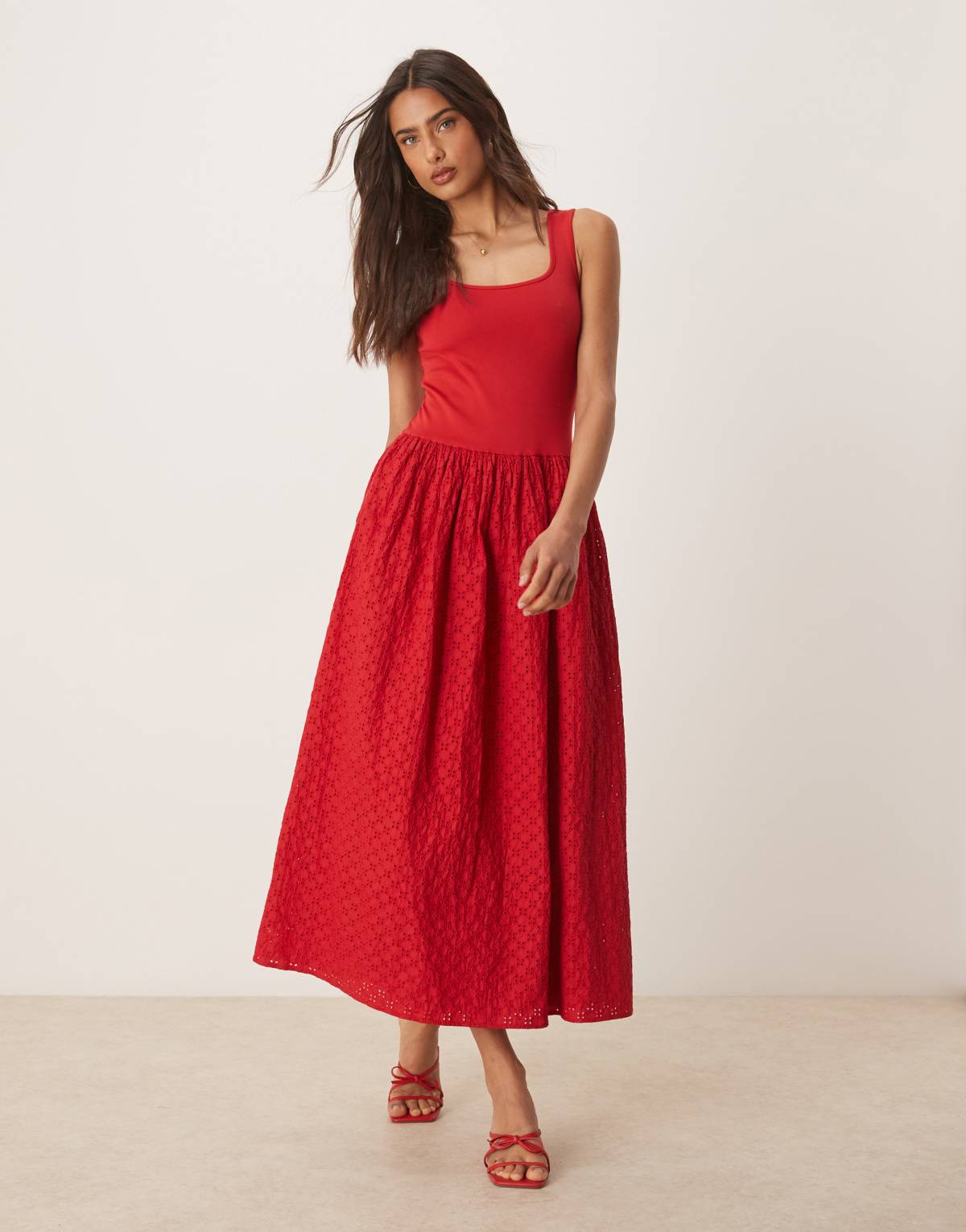 Nobody's Child Colorado midi dress in red with broderie skirt