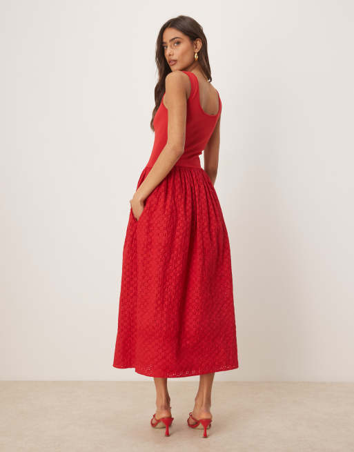 knee length dresses for ladies Sail to Sable Red Eyelet Cinched Waist Midi Dress Chili Pepper / XL / F25305 main image 1