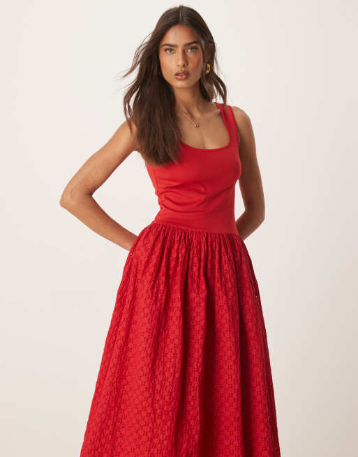 strapless open back dress The Courogen Button-Up Eyelet Midi Dress in Red – Piper & Scoot main image 0