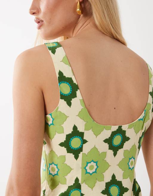 Nobody's Child Connie linen blend square neck sleeveless mini dress in  green floral | ASOS