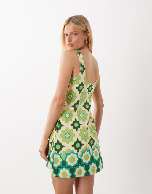 Nobody's Child Connie linen blend square neck sleeveless mini dress in  green floral | ASOS