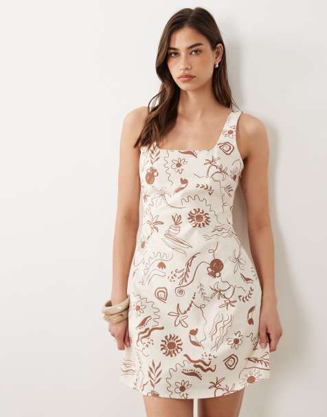 Nobody's Child - Connie - Vestito corto a trapezio con scollo squadrato in misto lino color crema multicolore - view 1