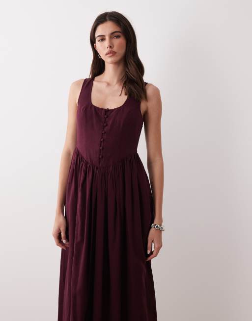 Nobody's Child Cora button down bodice midi dress in deep plum, 3 of 4