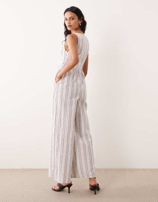 Nobody's Child Cora cotton sleeveless square neck button detail jumpsuit in white stripe, 3 of 4
