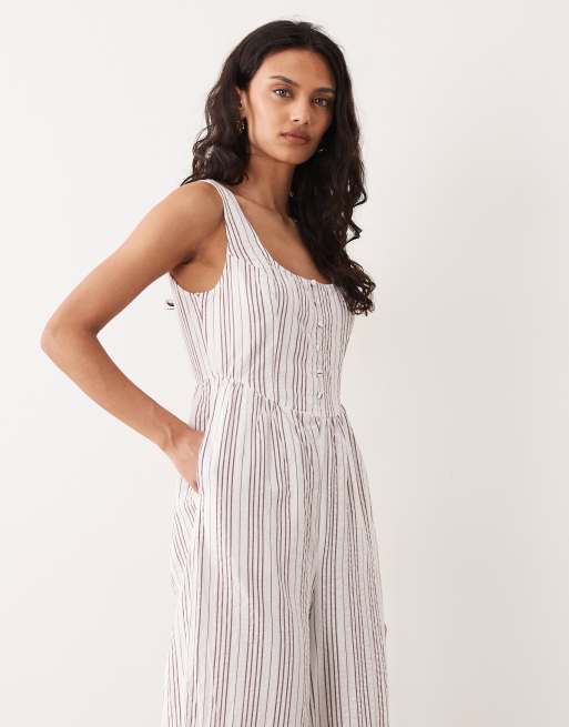 Nobody's Child Cora cotton sleeveless square neck button detail jumpsuit in white stripe, 4 of 4