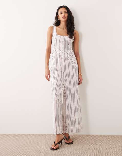 Nobody's Child Cora cotton sleeveless square neck button detailing jumpsuit in white stripes - view 1