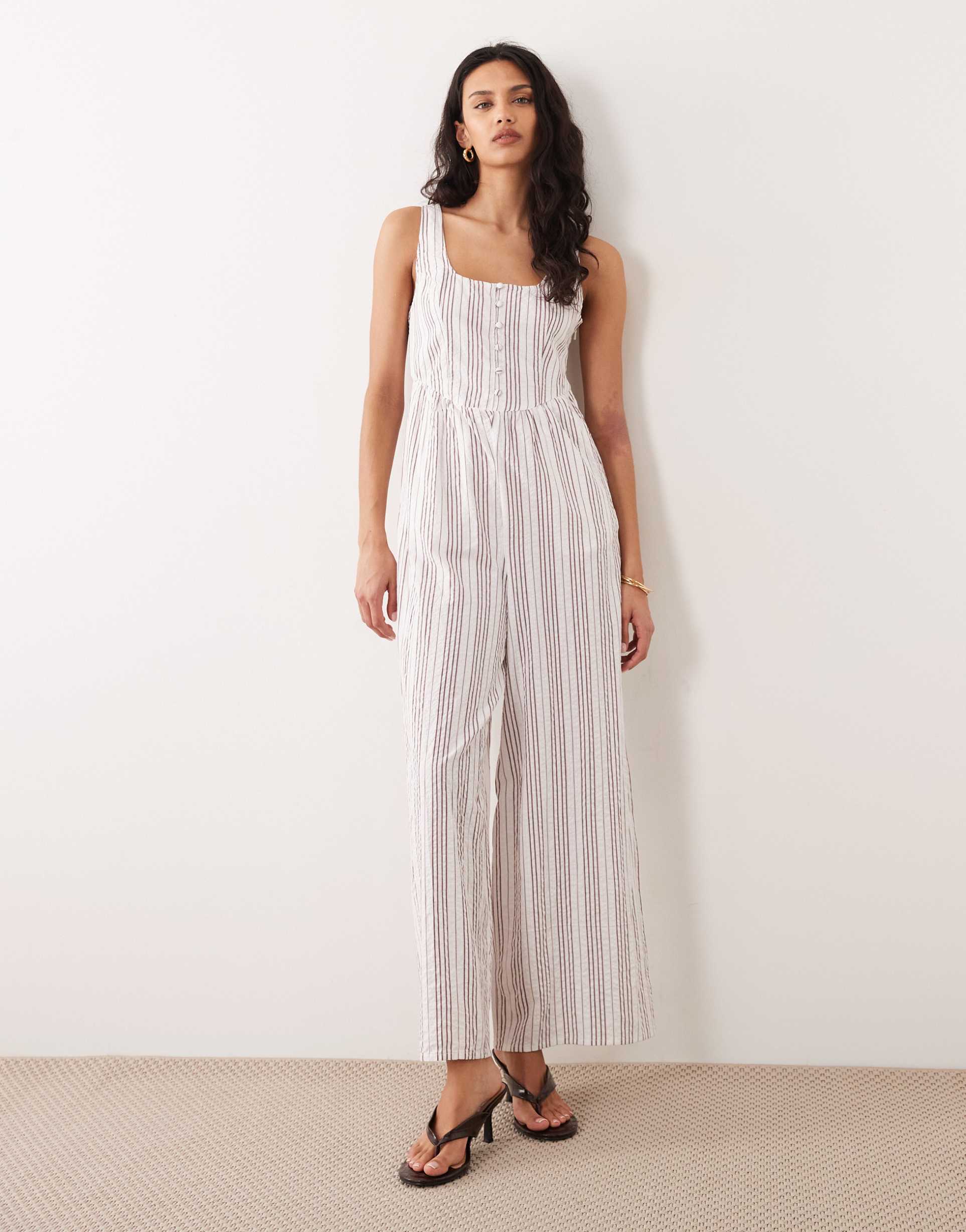 nobody's child cora cotton sleeveless square neck button detailing jumpsuit in white stripes