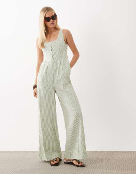 Nobody's Child – Cora – Grön, kritstrecksrandig, ärmlös jumpsuit med knäppning i linnemix - view 1