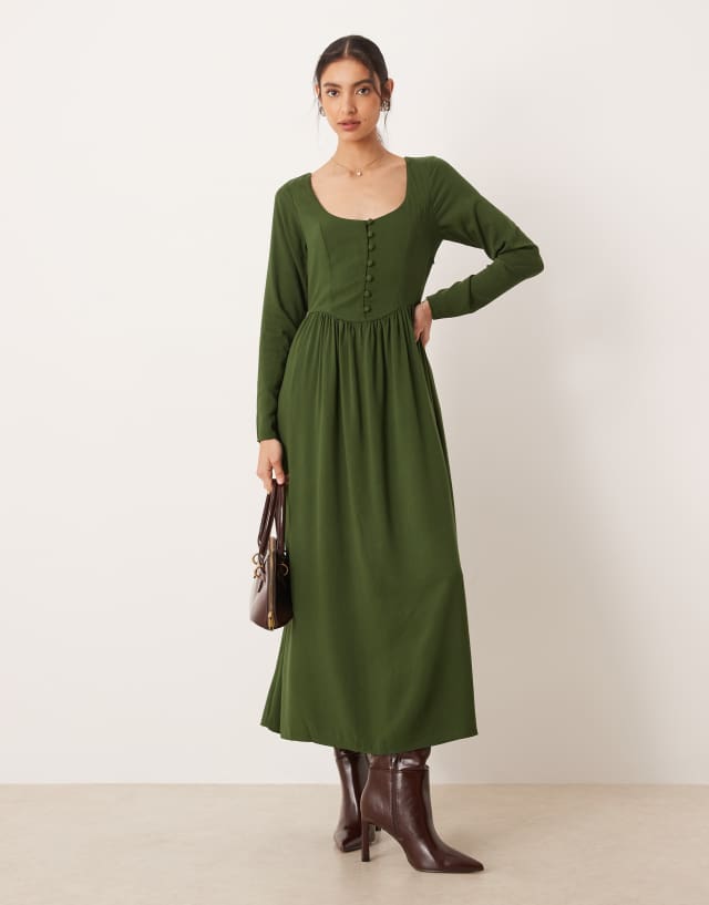olive green long sleeve midi dress Nobody's Child Cora in olive-Green Womens Spring Dresses