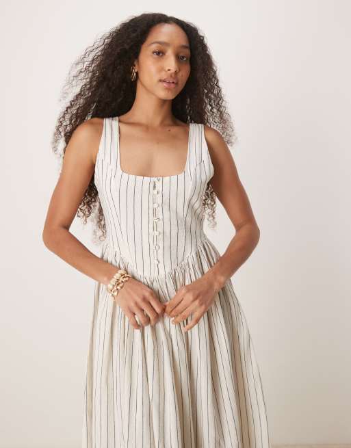 Nobody's Child – Cora – Midi-Trägerkleid in gestreiftem Cremeweiß mit U-Ausschnitt, 2 von 4