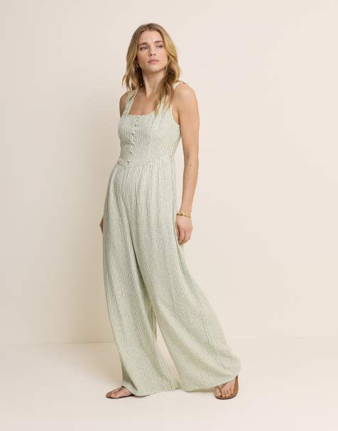 Nobody's Child - Cora - Mouwloze jumpsuit van linnenmix met knoopdetail in groen met krijtstreep - view 1