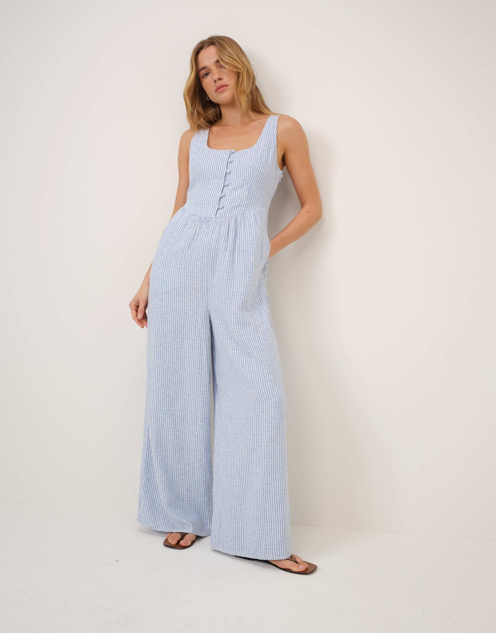 nobody's child cora pinstriped sleeveless jumpsuit in light blue