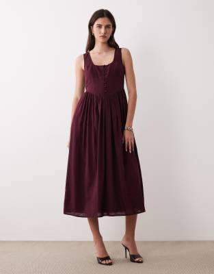 Cora - Robe mi-longue à corsage boutonné - Prune profond-Rouge 44