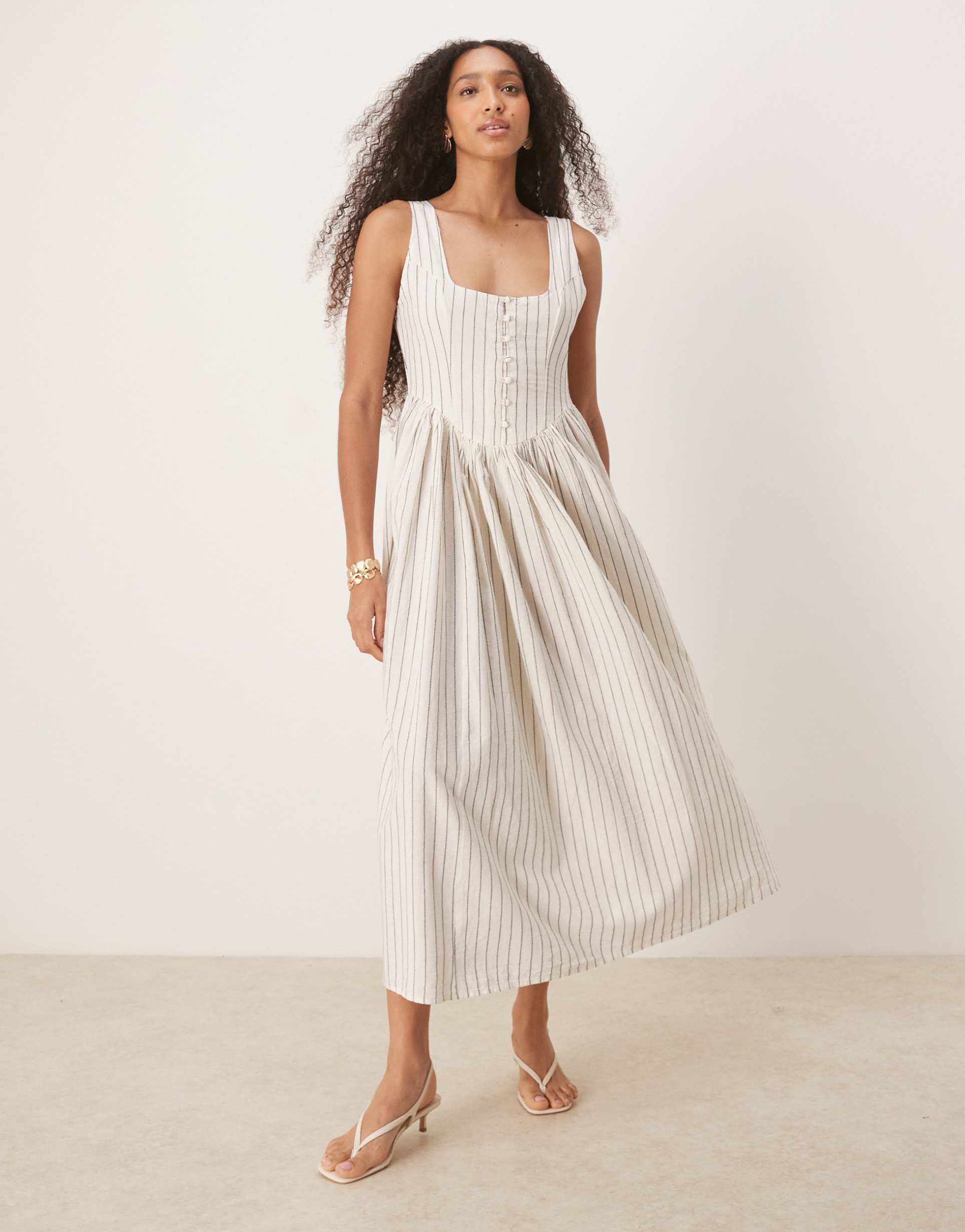 nobody's child cora scoop neck cami midi dress in cream stripes
