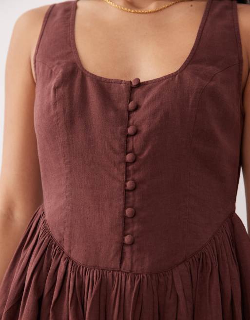 Nobody's Child Cora square neck button detail mini dress in brown, 3 of 4