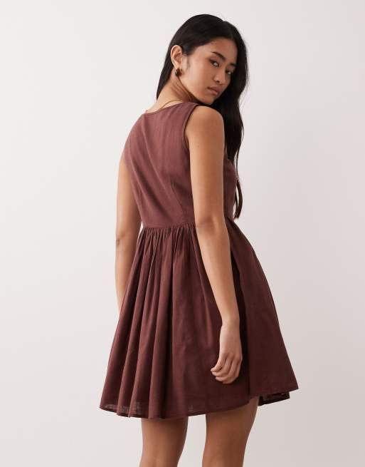Nobody's Child Cora square neck button detail mini dress in brown, 4 of 4