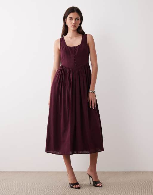 Nobody's Child - Cora - Vestito midi con corpino button-down color prugna scuro