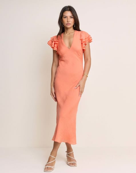 Nobody's Child Coral frill sleeve layla midi dress in orange - view 1