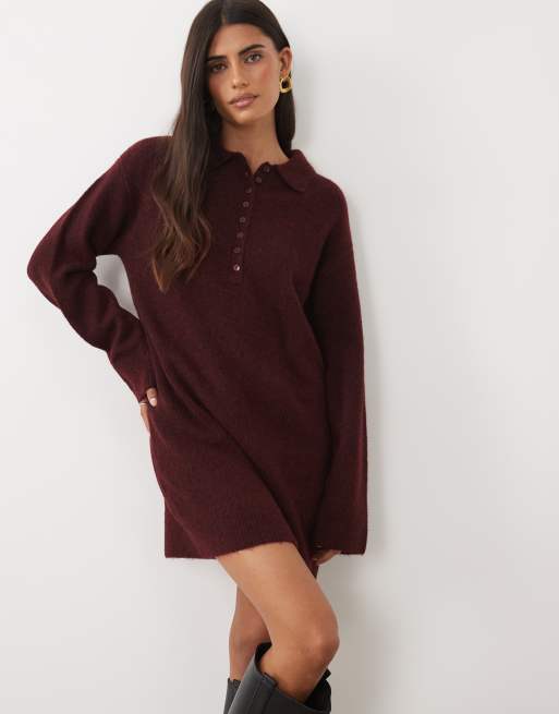 Nobody's Child cord collared long sleeve mini dress in burgundy, 2 of 4