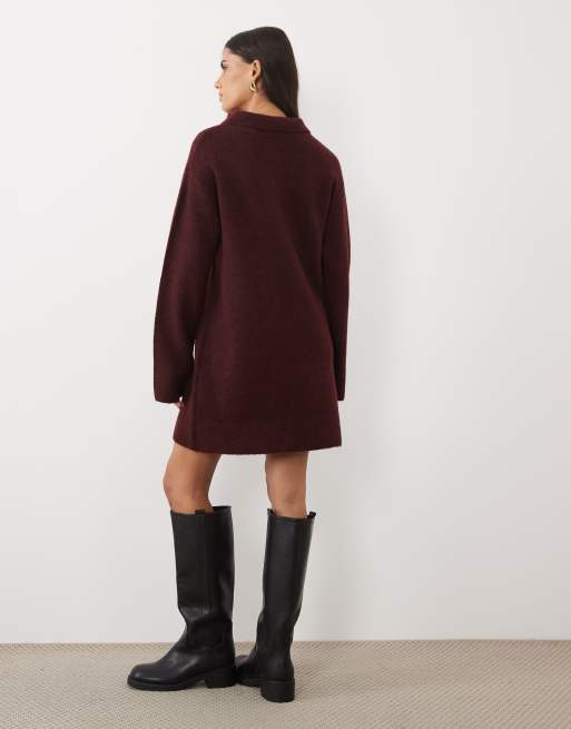 Nobody's Child cord collared long sleeve mini dress in burgundy, 3 of 4