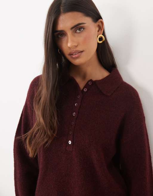 Nobody's Child cord collared long sleeve mini dress in burgundy, 4 of 4