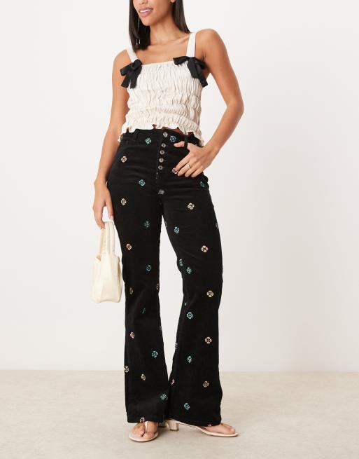Nobody's Child cord embroidered kick flare pants in black (part of a set)