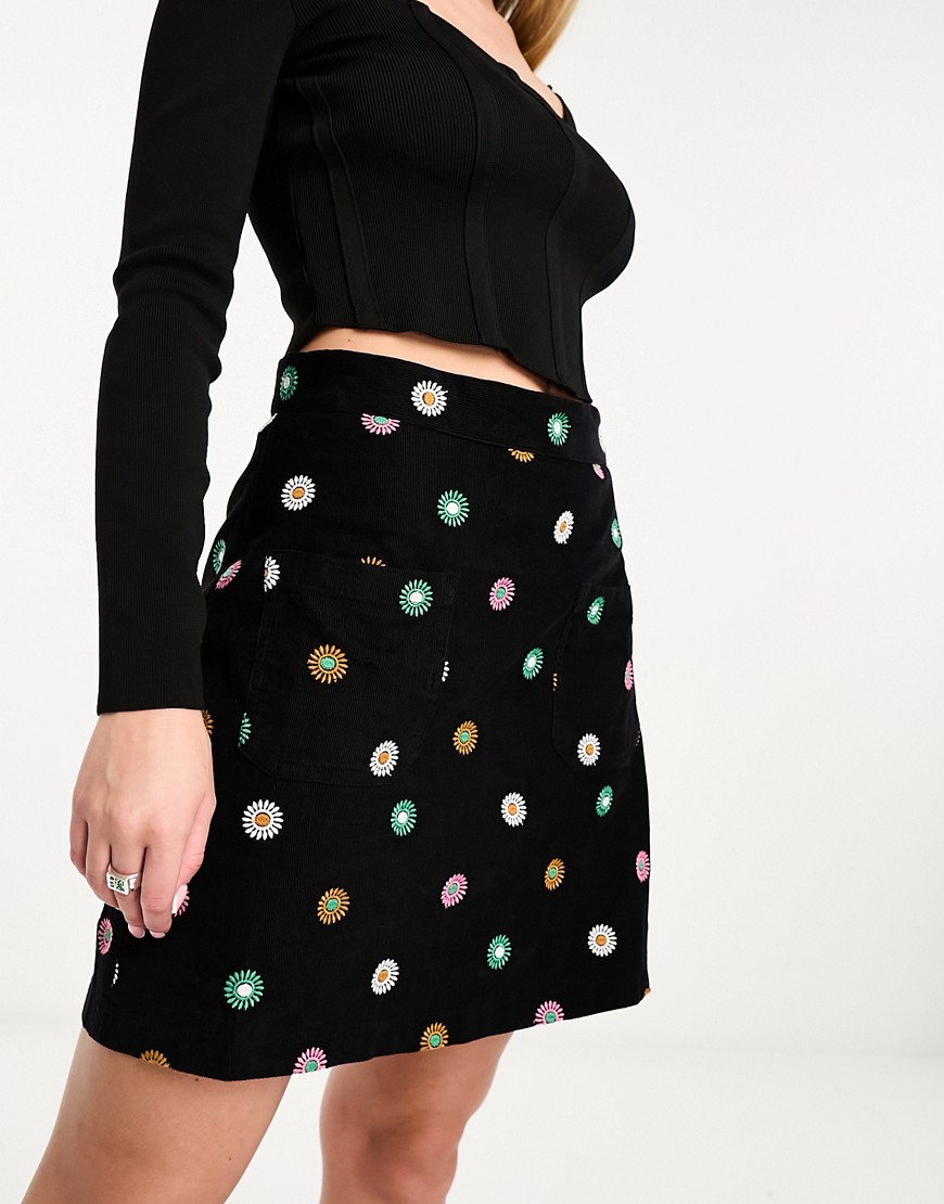 Nobody's Child Cord Mini Skirt With Embrodery In Black-multi