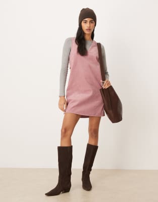 Nobody's Child Cord V Neck Pinafore Button Side Mini Dress In Pink
