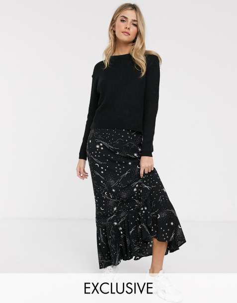 Nobody's Child – Cosmos Galaxy – Maxirock aus Satin mit Rüschensaum