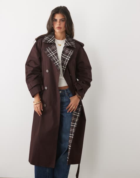 Nobody's Child cotton belted trench coat contrast check lining in chocolate - view 1
