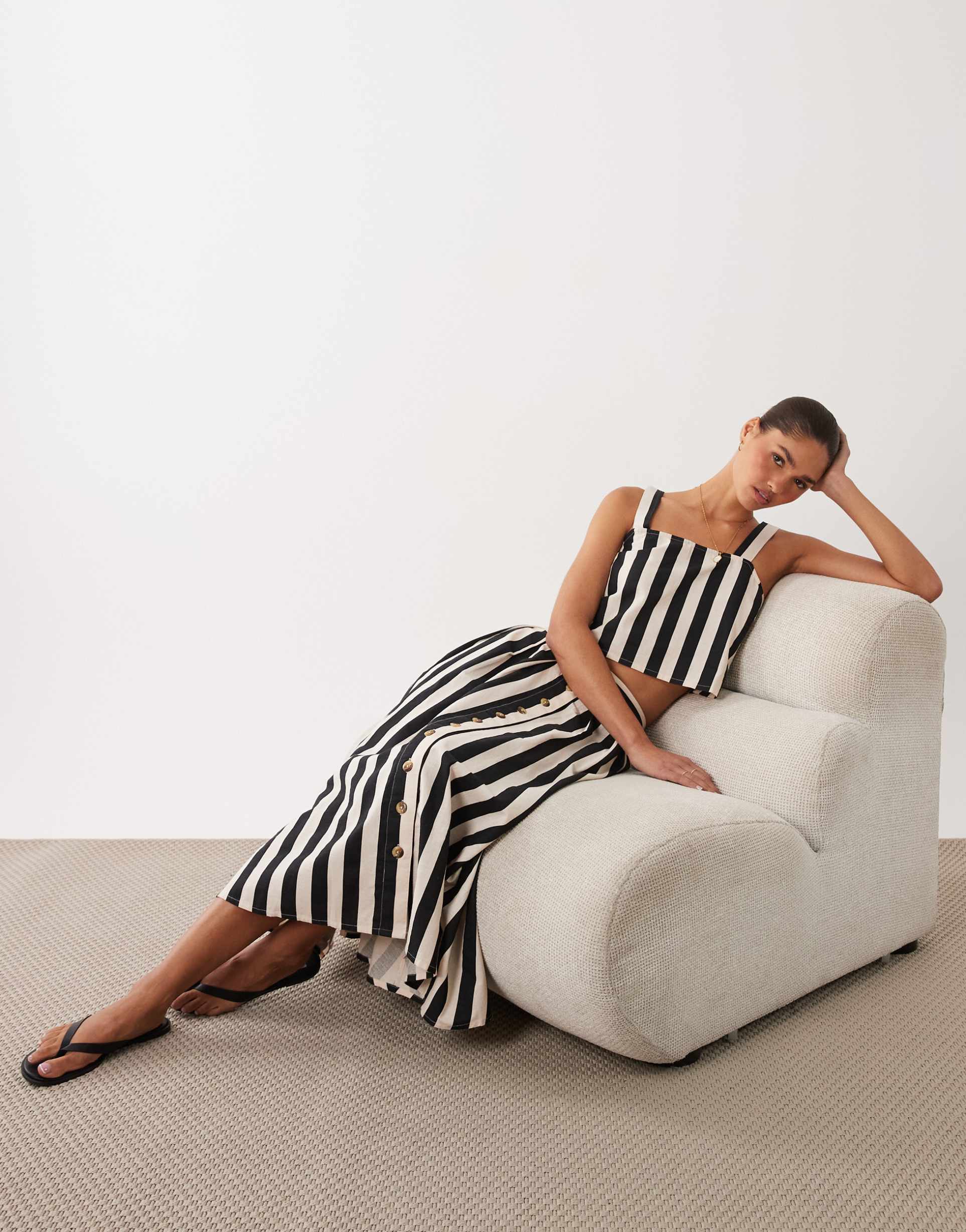 nobody's child cotton blend high rise button through midaxi skirt in black stripe - part of a set