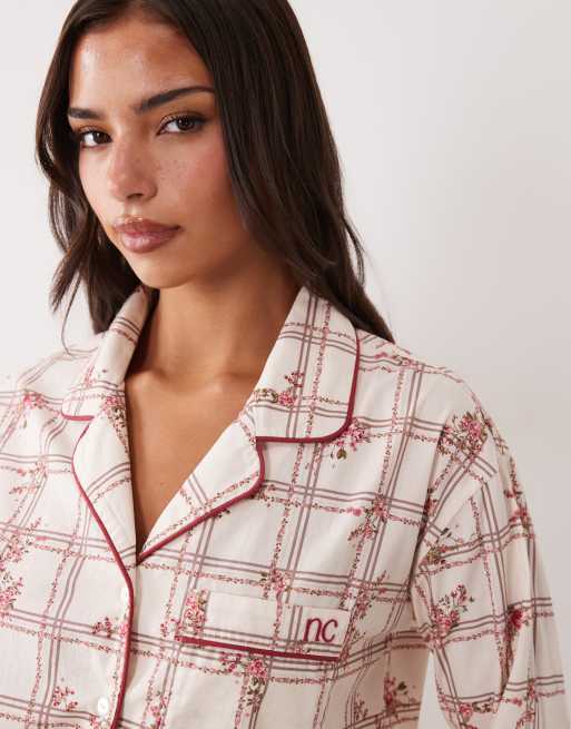 Nobody's Child cotton classic pyjama shirt and bottom set in cream floral, 3 of 4