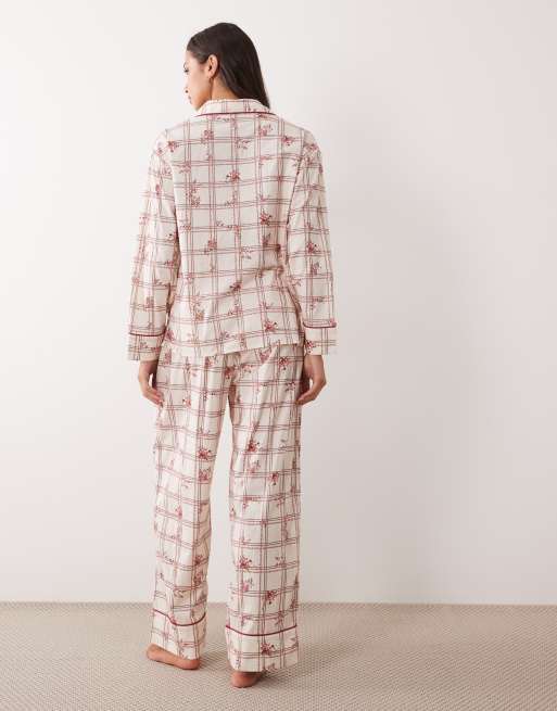 Nobody's Child cotton classic pyjama shirt and bottom set in cream floral, 4 of 4