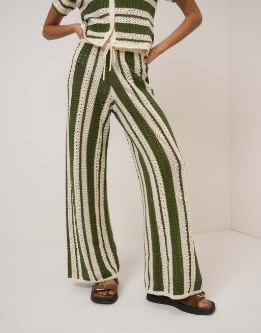 Nobody's Child cotton crochet drawstring waist resort pants set in green stripe, 2 of 4