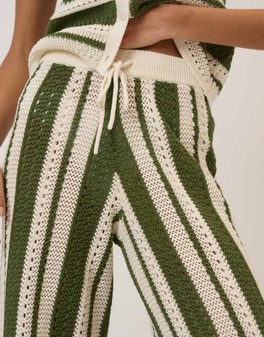 Nobody's Child cotton crochet drawstring waist resort pants set in green stripe, 3 of 4