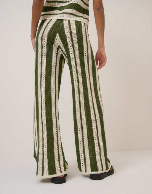 Nobody's Child cotton crochet drawstring waist resort pants set in green stripe, 4 of 4