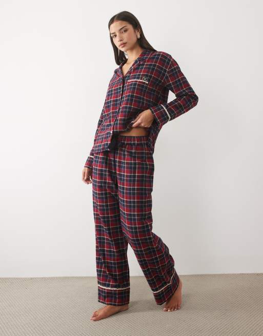 Nobody's Child cotton lace trim pyjama shirt & bottom co-ord in navy and red check, 2 of 3