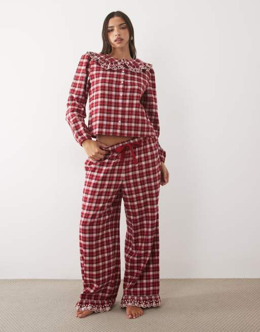 Nobody's Child cotton frill collar embroidered trim pyjama blouse co-ord in brushed red gingham, 3 of 3