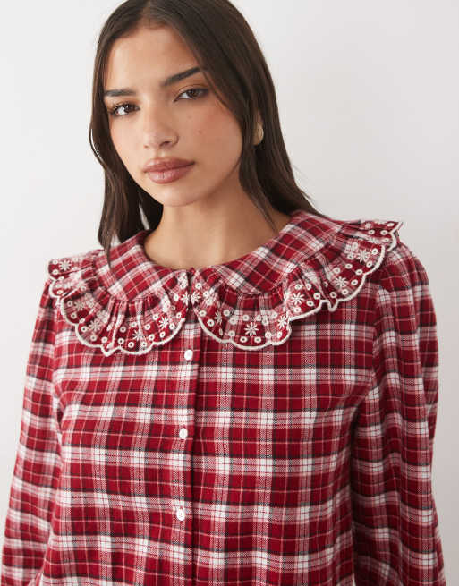 Nobody's Child cotton frill collar embroidered trim pyjama blouse co-ord in brushed red gingham, 3 of 4